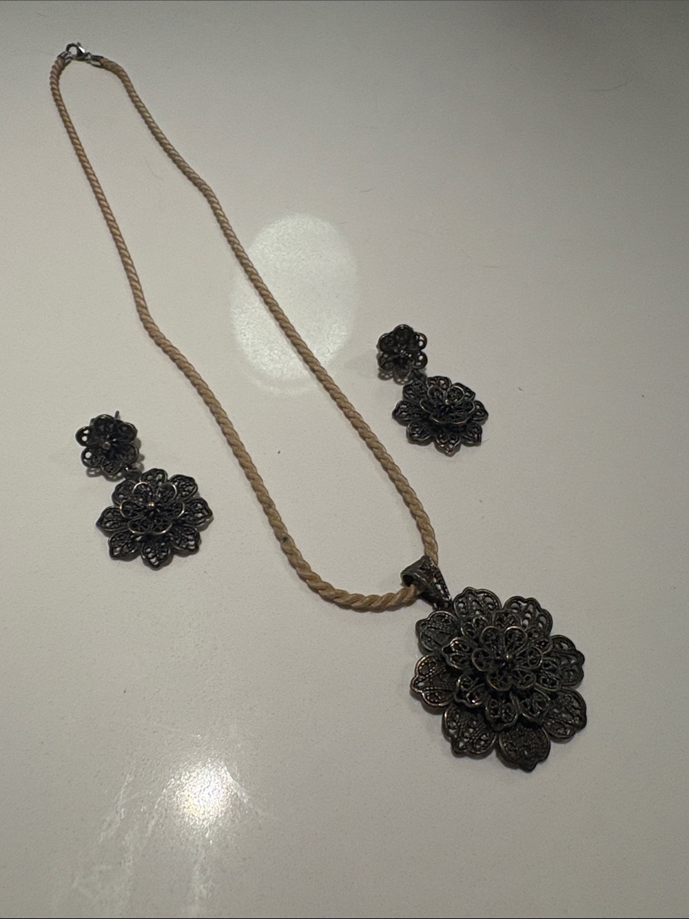 Boho Metal Lattice Flower Necklace & Earrings
